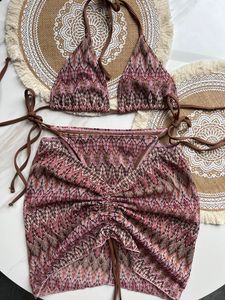 Paris Fashion Crochet 3 peças Bikini Set saia de luxo traje de natação listrado Designer de roupas de banho sexy Pushwear push Up Terno de banho Marca
