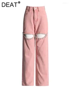 Frauen Jeans Jeans Jeans Hosen hohe Taille gerade gewaschene rosa hohle aus der Farbe Diamanten 2024 Sommer Mode 29L288