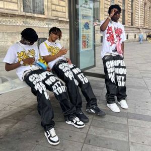 Men's Jeans Street clothing Y2K jeans with faded printed letters and two black pants in 2023 New Harajuku fashion casual loose mens rock wide leg Q240427