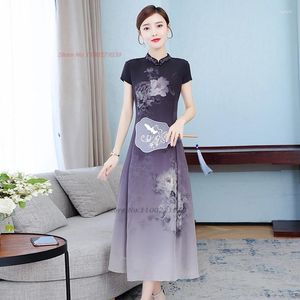 Etniska kläder 2024 Kinesisk vintage klänning Förbättrad Cheongsam National Flower Print A-Line Qipao Elegant Oriental Banquet Party