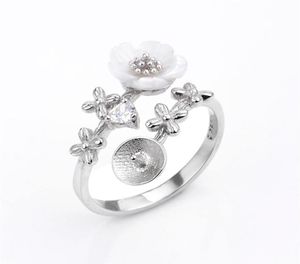 Pearl Ring Settings 925 Sterling Silver Findings Flower White Shell Zircon Pearls Mount DIY 5 Pieces6834486