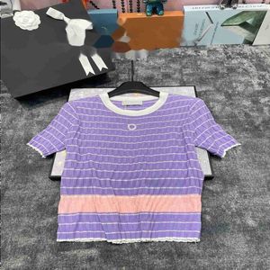 Mode tröjor Pullover Stripe Spring Sleeve Sticke Women Purple Short Jumper Sweet New Casual Slim Ladies Sweater Odeqc