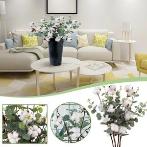 Decorative Flowers 1PCS Artificial Basket Farmh For Cotton Heads Leaves Bouquet 4 Stems Home Table Fall Centerpiece