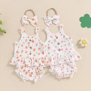 Kleidung Sets Baby Girl Summer Set Blumen runde Hals ärmelloses gekräuselte Tops Shorts Bogen Stirnband Kind Kleinkind Kleidung Outfit