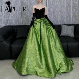 Party Dresses Shiny Satin Green Evening Puffy A Line Off Shoulder Black Velvet Bodice Celebrity Dress Rose Waist Girl Prom Gown