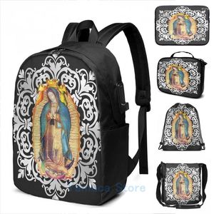 Ryggsäck roligt grafiskt tryck vår fru av guadalupe mexico mexikansk virgen USB -avgift män skolväskor kvinnor väska rese bärbar dator