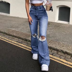 Kadınlar Kot Moda İnce Higt Bel Deliği Tasarımı Zarif Düz Renk Parlama Geniş Bacak Pantolon Mizaç Nedensel Ofis Kadın Şık