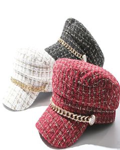 2021 Autumn Winter Tweed Chain Hat Military for Women Wool Flat Army Cap Salior Hat Girl Visor Travel Boets Plaid Newsboy Cap4173716