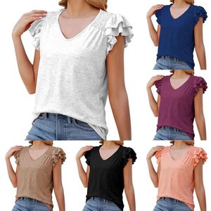 Magliette da donna Summer Top Top Solid Color V Neck Letthe Short Short Shirt Shirt Casual Doppio Donne lunghe