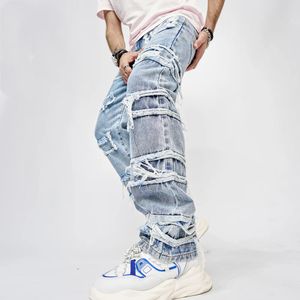 Män lös rak cyklist jeans snygga staplade skarvade rippade byxor streetwear manlig motorcykel casual denim byxor 240420