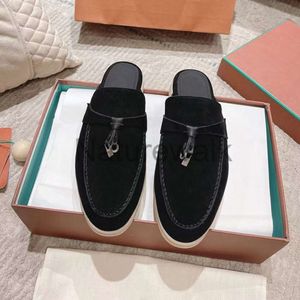 Babouche Mule Loafers Charms Walk Suede Women Tisters Flats Designer Shoes Summer Slip-ons Deep Ocra äkta Moccasin Comfort Styl 434