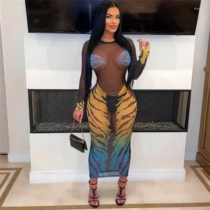 Casual Dresses 2024 Summer Women Full Sleeve Black Sheer Mesh Long Sexy Party Dress Print O Neck BodyCon Perspective Night Club Femme