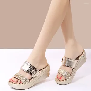 Slippers Woman Sandals Gold Open Toe Sandal Glitter Shoes Female 2024 Summer High Heels Platform Wedges Heeled Pumps