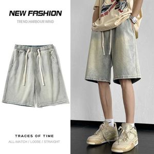 Men's Shorts Summer New Mens Denim Loose Straight Wide Legs Elastic Waist Pocket Brand Clothing Q240427