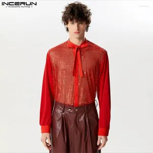Men's Casual Shirts Stylish Style Tops INCERUN Fashion Flash Fabric Ribbon Design Streetwear Male Long Sleeved Blouse S-5XL
