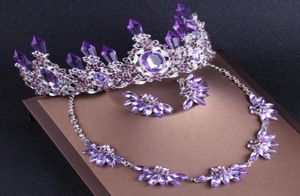 YUNUO NEW Purple Crystal Bridal Necklace Earrings Crown Tiaras Set Wedding Dress Accessories Beads71157774499067