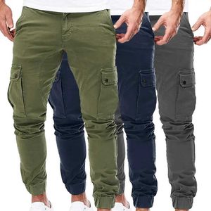 Mäns byxor Mens last Militära byxor med borstad fast färg Ankle Strap Casual Multi Pocket Mens Cargo Pants 2021 Autumn Sportswearl2404