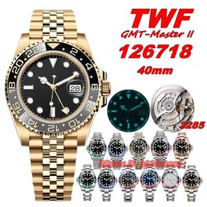 TWF Luxury Watches TW 40mm 904L 126718 Date GMTMaster II 3285 Automatic Mens Watch Sapphire Black Dial 18K Gold Stainless Steel Bracelet Gents Wristwatches