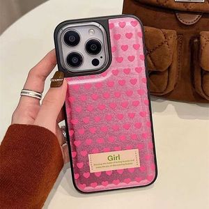 Mobiltelefonfodral Korea Style Pink Love Heart Phone Case Soft Silicone Luxury Faux Leather Veneer All-Inclusive för iPhone15 14 13 12 11 Pro Max J240426