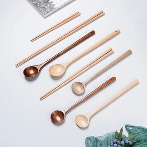 Dinnerware Sets Long Handled Round Spoon Wooden Tableware Pot Chopsticks Japanese Large Mouth Stirring Cooking