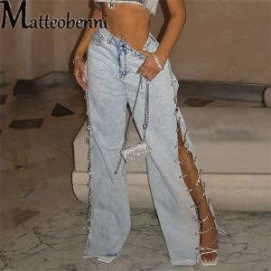 Skirtsskorts Fashion Diamond MultiChain jeans jeans sexy gamba bassa pantaloni svasati donne in vita larghe pantaloni in denim nuovo tendenza streetwear