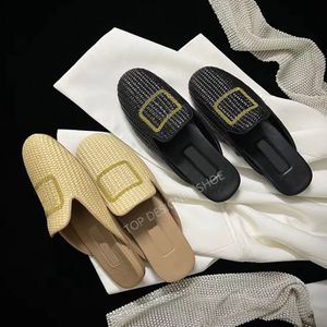 Top quality raffia mule shoes Flat Slipper slides sandals for womens Beach flats shoe luxury designer slippers Factory footwear With box