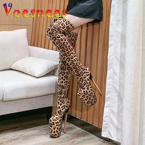 Buty Leopard Print Over-the-kolan długą wodoodporną platformę nocną stalową rurkę Tańczące Buty 19 cm Super Heels Estronape But