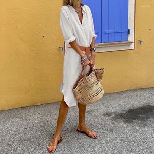 Casual Dresses Autumn Spring Women Long Sleeve Simple Midi Dress Holiday Beach Shirt White Lady Solid Single Breasted