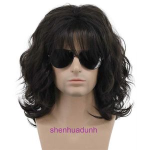 Cosplay black mens wig fluffy hair long curly synthetic fiber small cover