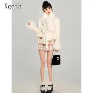 Work Dresses Xgoth Luxury Skirt Set Solid Long Sleeve Short Lace Jacket Tops Young Lady Plaid Mini Slim Fit Girls Two Piece Sets