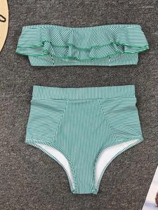 Women's Swimwear Sweet Green Striped Ruffle Bikini Off Shoulder Push-Up Boho High Waist Swimsuit Strapless Two Piece Beachwear