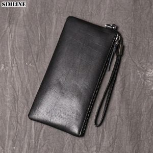 Purses SIMLINE Genuine Leather Wallet For Men Male Real Cowhide Men's Long Zipper Slim Clutch Wallets Purse With Card Holder Phone Bag