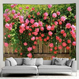 Tapestries Outdoor Garden Fence Flower Tapestry Rustic Garden Wall Plant Natural Landscape Patio Living Room Bedroom Wall Decoration Mural
