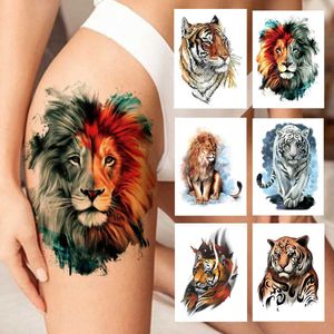 Tatuaggio di trasferimento tatuaggio per il trasferimento di acquerello tigre tatuaggio temporaneo per donne uomini atulti kid realistici realistici tatuaggio tatuaggio tatuaggio acqua trasferimento tatoos coscia 240426