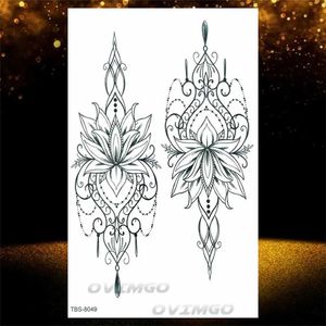 S1QW Tattoo Transfer Henna Lotus Tatuagem temporária para mulheres Cadeias de jóias falsas Arte do corpo da flor preto Tatuo Tatoo Tattoo de menina 240427