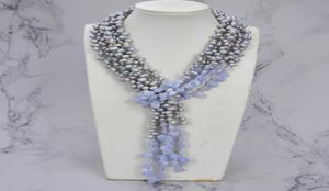Guaiguai Jewelry 3 Strands Grey Pearl Blue Chalcedony Agates Длиное ожерель