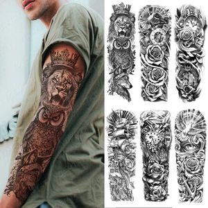 Tattoo Transfer großer Armhülle Tattoo Löwen Kron König Rose wasserdichte temporäre Tatoo -Aufkleber Wild Wolf Tiger Männer Voller Schädel Totem Fake Tatto 240426