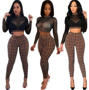 Herbst Frauen sexy bloße Plaid 2pc Pant Anzug dehnbar hoher Nacken Langarm Erntedach Long Slim Pantsuit Party zweiteilige Outfits8588420