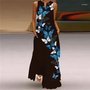 Casual Dresses Classic Beauty Blue Butterfly Print Wide Hem V-neck Sleeveless Long Dress