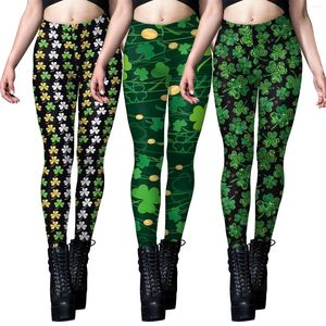 Women's Leggings Women Workout Irish-Festival Cartoon Digital Printing Clover Color Block Pants Stretch Tights Party Trousers