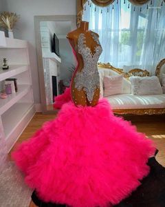 Vestidos de festa Fuchsia rosa Cerimônia de concurso de concurso de longa noite para menina negra 2024 Luxo Diamante