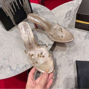 High quality High Heel Sandals Women Slippers Womens Genuine Leather Reds Sole Slippers Red Bottoms Luxurys Woman Designers Slippers PVC Rhinestone 8.5cm