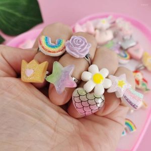 Cluster Rings 10st Candy Color Harts Animal Bowknot Stars For Kids Girls Söta handgjorda justerbara hjärtfinger grossist