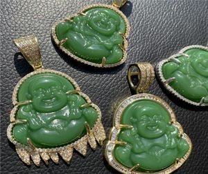 Hip Hop Iced Out Chain Laughing Buddha Green Jade Pendant Necklace Gold Silver Plated Lab Simulated Diamonds CZ Jewelry9453541