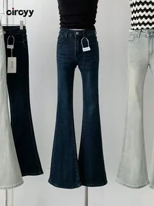 Kvinnors jeans cirkyy hög midja kvinnor blå knapp flare byxor mager smala byxor streetwear office ladies 2024 mode y2k flickor