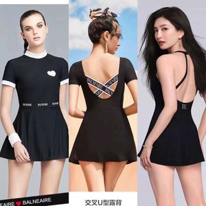 Ms Fans Black Love Swimsuit with High Elasticity Comfortable and Slimming Effect Conservative Cross Back Swimming Skirt Hot Spring One Piece Swimsuit