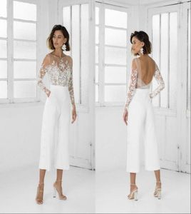 New Vintage White Women Jumpsuit Prom Dresses With Long Sleeves Tea Length Formal Party Evening Gowns Custom Made Special Occasion9648174