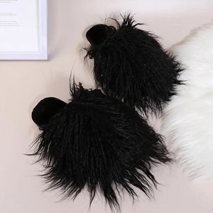 Casual Shoes 2024Women's Winter Mongolian Fur Slippers Plus Size Woman Luxury Furry Faux Plush Warm Home Cotton Slides