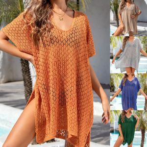 Copritura femminile da bagno da bagno Smock da bagno 2024 Crochet Summer Hollow Knit Beach Abito a colori Solido Cover per il bikini da bagno