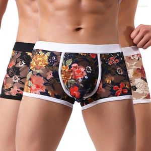 Underpants Men Retro Style Breathable Milk Silk Boxer Shorts Classical Flower Print Sexy Tight Male Underwear Low Waist Boxers